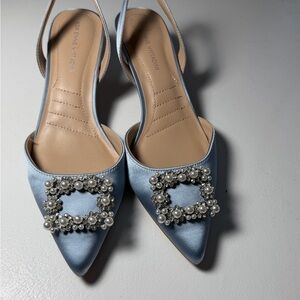Adrienne Vittadini Light Blue Satin Heels with Pearl Embellishment